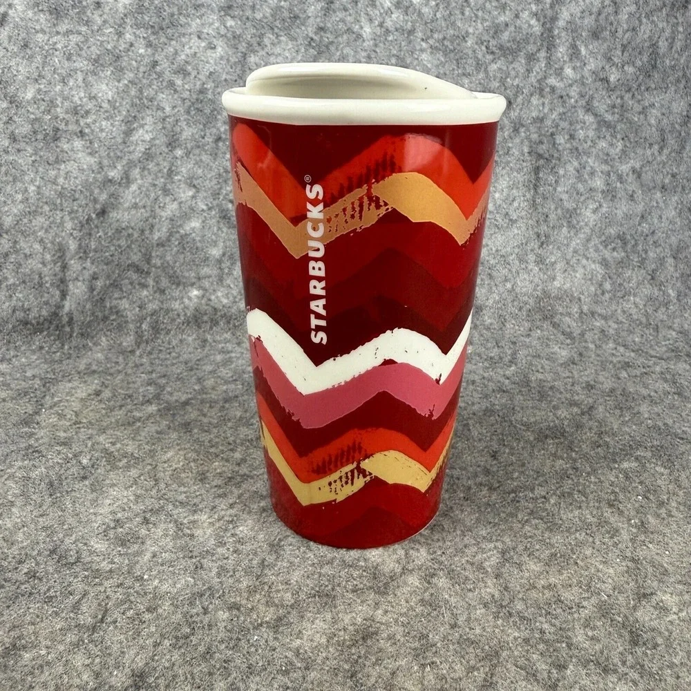 Starbucks Ceramic Travel Tumbler‎ Coffee Red Pink Gold Chevron 10 Oz  2014